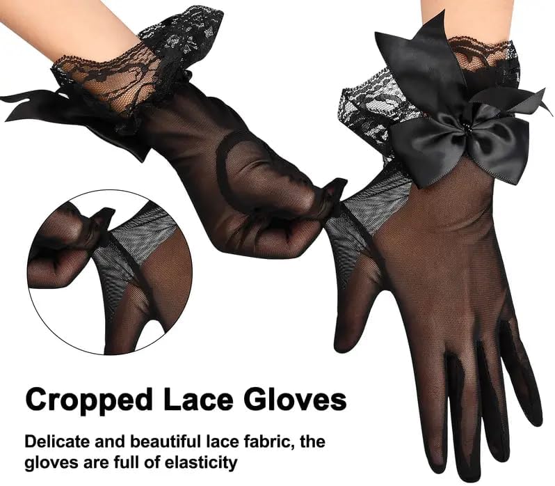 Amazleer Short Lace Mesh Gloves Tulle Border with Bow Wedding Funeral Opera Tea Party Gloves for Women - Image 5